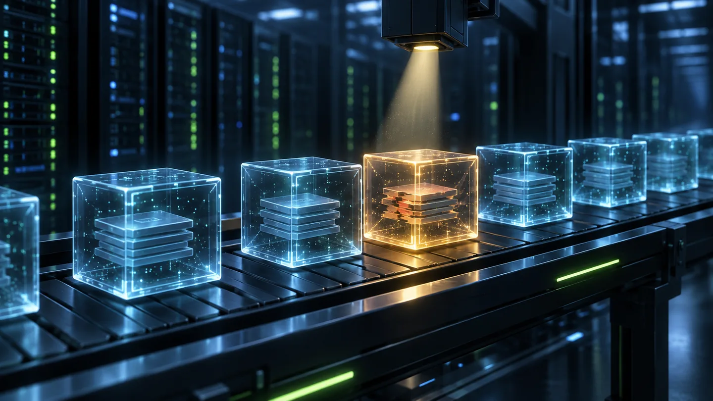 Eine auffällige Softwarepaket-Kapsel wird in einer digitalen Lieferkette geprüft